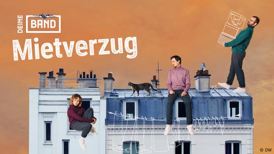 Grafik zum Deine-Band-Song 5 (Mietverzug) mit den Mitgliedern der Band ok.danke.tschüss. In der unteren Bildhälfte sind die Obergeschosse von zwei nebeneinanderstehenden Mehrfamilienhäusern zu sehen. Eva sitzt links in einem der Fenster, Manu lässt mittig auf dem Dach die Beine über einer gezeichneten Wäscheleine baumeln. Zwischen den beiden balanciert eine Katze über das Dach, auf dem Schornsteine und Antennen zu sehen sind. Lucas läuft rechts auf dem Dach Richtung Hausmitte und trägt gezeichnete Kartons durch die Gegend. Links oben das Logo des Projekts DEINE BAND, darunter in großer Schrift der Titel des Songs: Mietverzug. (Quelle: DW)