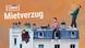 Grafik zum Deine-Band-Song 5 (Mietverzug) mit den Mitgliedern der Band ok.danke.tschüss. In der unteren Bildhälfte sind die Obergeschosse von zwei nebeneinanderstehenden Mehrfamilienhäusern zu sehen. Eva sitzt links in einem der Fenster, Manu lässt mittig auf dem Dach die Beine über einer gezeichneten Wäscheleine baumeln. Zwischen den beiden balanciert eine Katze über das Dach, auf dem Schornsteine und Antennen zu sehen sind. Lucas läuft rechts auf dem Dach Richtung Hausmitte und trägt gezeichnete Kartons durch die Gegend. Links oben das Logo des Projekts DEINE BAND, darunter in großer Schrift der Titel des Songs: Mietverzug. (Quelle: DW)