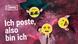 Grafik zum Deine-Band-Song 6 (Ich poste, also bin ich) mit den Mitgliedern der Band ok.danke.tschüss. Am unteren Bildrand ist Manu zu sehen, der sich ein großes Emoji mit Herzaugen vor sein Gesicht hält und erstaunt dahinter hervorschaut. Am rechten Bildrand versteckt sich Eva hinter einem großen Emoji mit Zwinkerauge und herausgestreckter Zunge. Am oberen Bildrand ist Lucas kopfüber zu sehen, der sich ein Emoji mit Sonnenbrille vors Gesicht hält. Im Hintergrund eine Abbildung aus dem Weltall sowie ein gezeichneter Satellit und gezeichnete Daumen hoch- und Herzsymbole. Links oben das Logo des Projekts DEINE BAND, darunter in großer Schrift der Titel des Songs: Ich poste, also bin ich. (Quelle: DW)